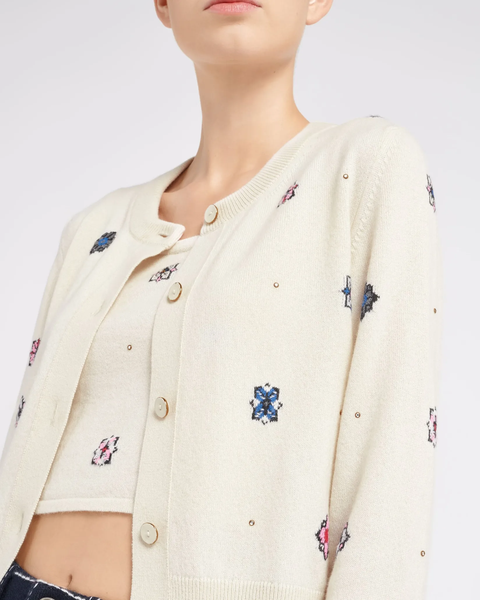 Women Barrie Cardigan in cashmere and cotton with floral motif