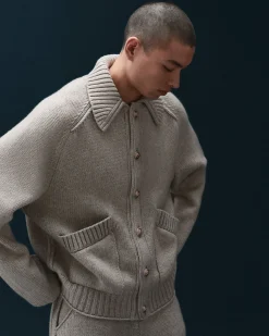 Barrie Chunky cashmere cardigan with polo collar and gold buttons