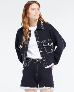 Women Barrie Denim fringed cashmere and cotton jacket