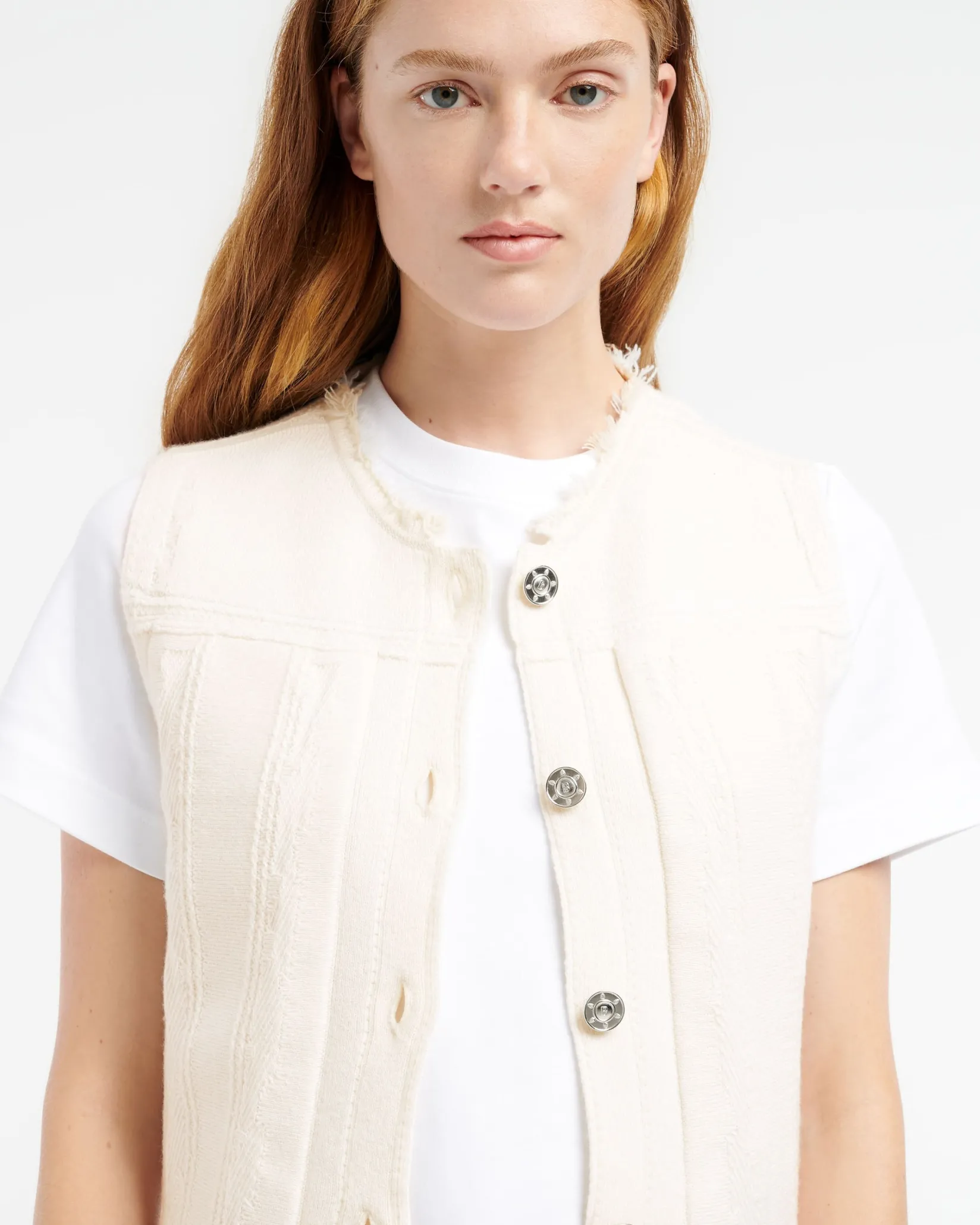 Women Barrie Denim fringed cashmere and cotton sleeveless jacket