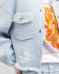 Women Barrie Denim fringed cashmere and cotton jacket