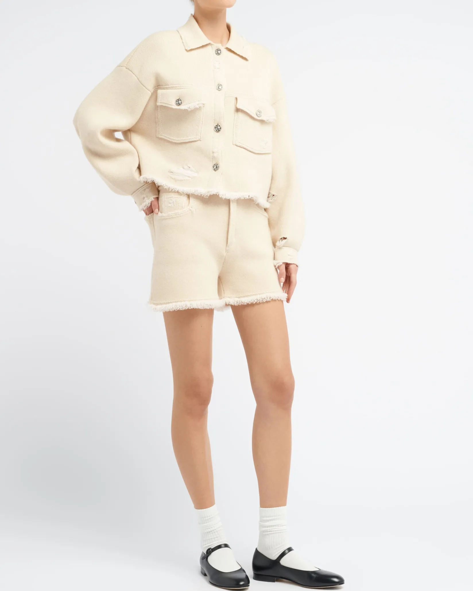 Women Barrie Denim fringed cashmere and cotton shorts