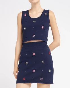 Women Barrie Short skirt in cashmere and cotton with floral motif