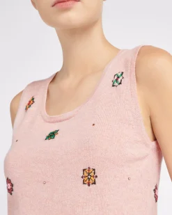 Women Barrie Sleeveless crop top in cashmere and cotton with floral motif