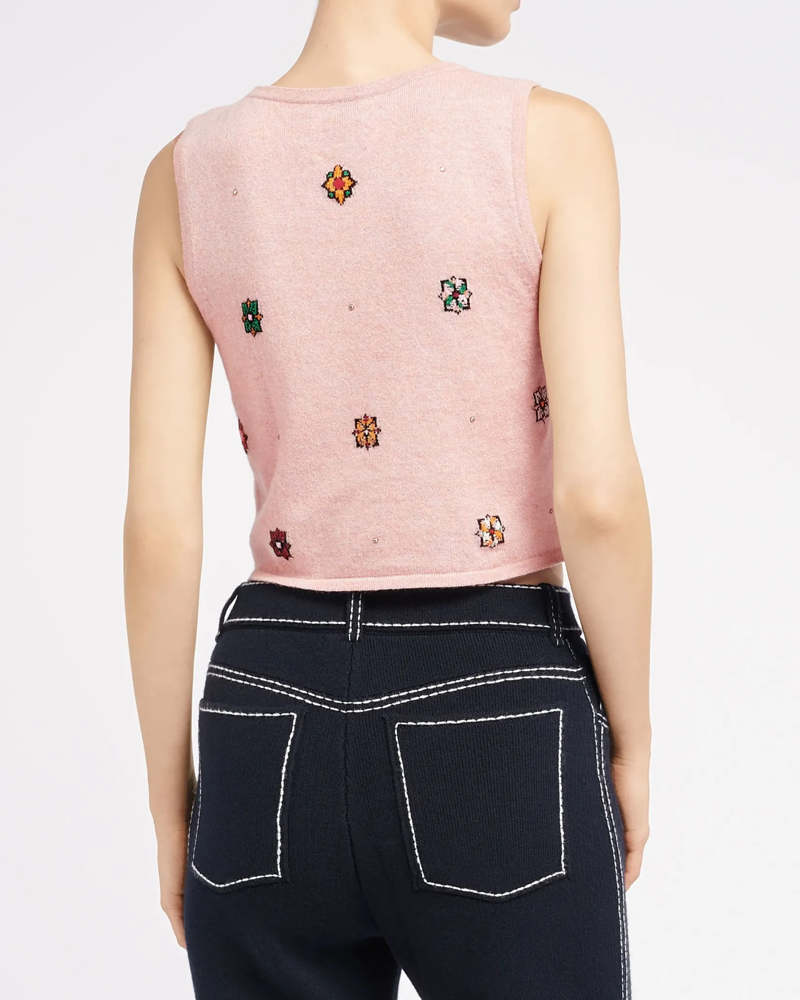Women Barrie Sleeveless crop top in cashmere and cotton with floral motif