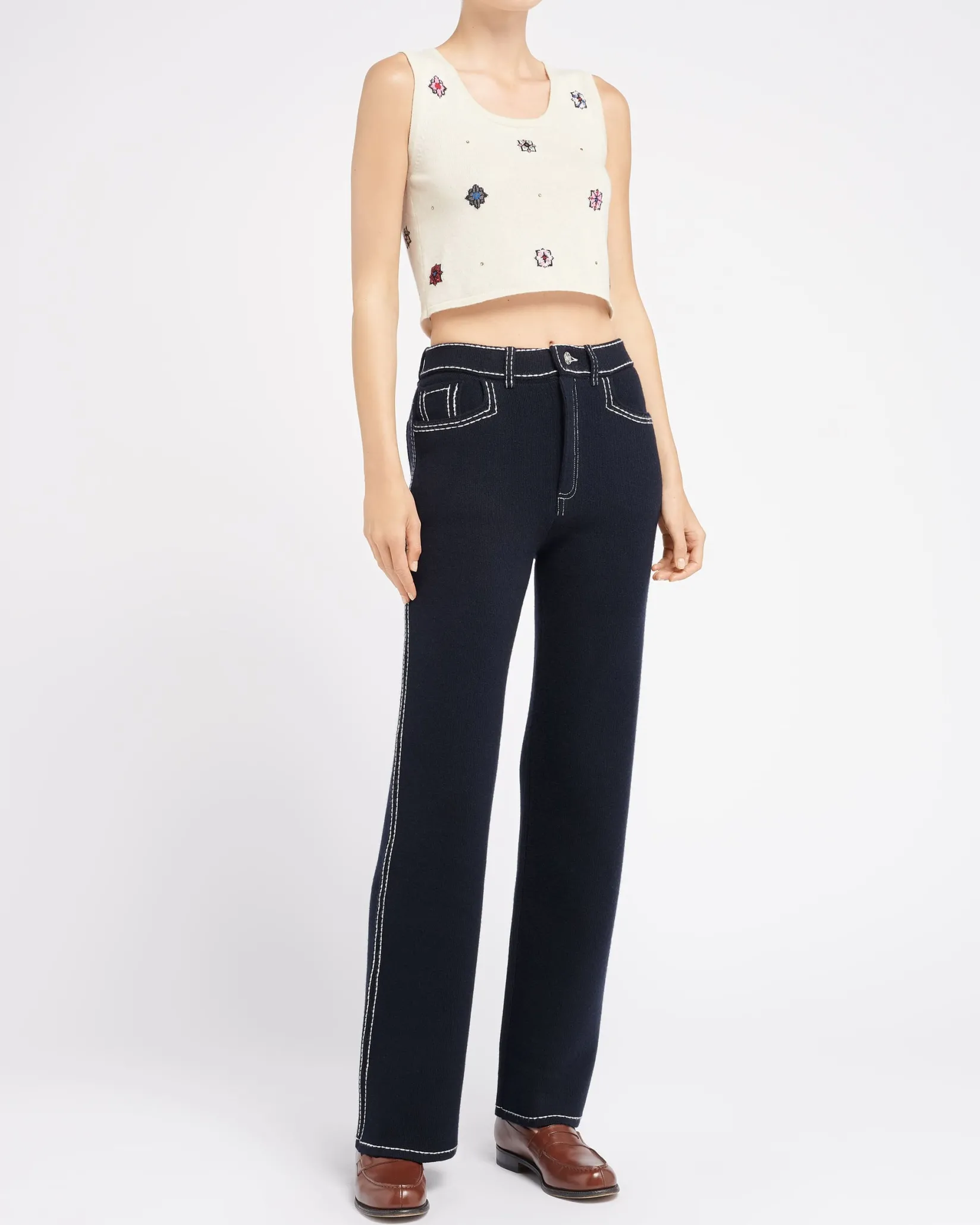 Women Barrie Sleeveless crop top in cashmere and cotton with floral motif