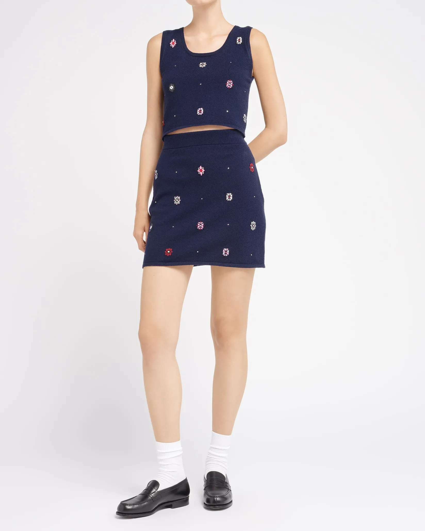 Women Barrie Sleeveless crop top in cashmere and cotton with floral motif