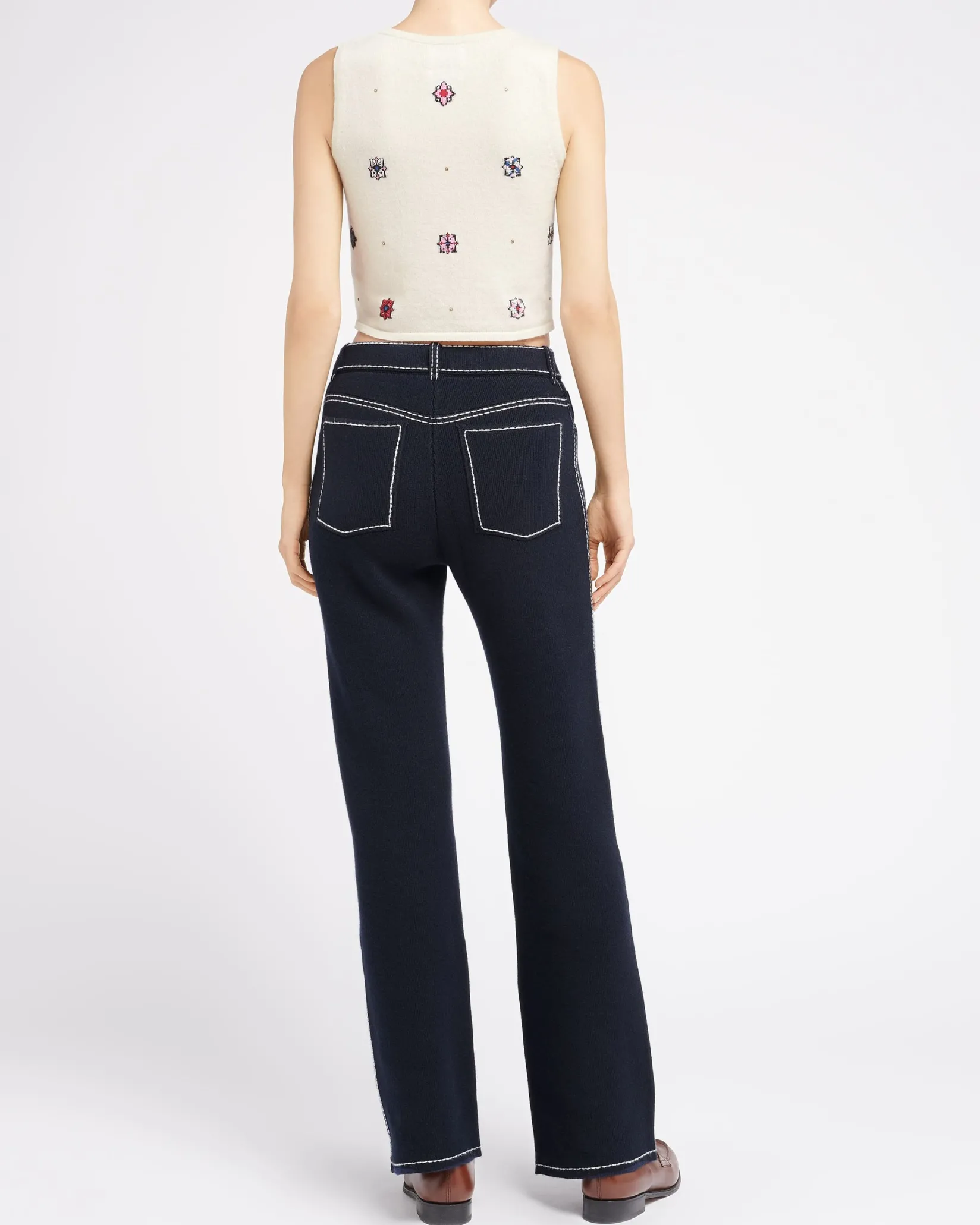 Women Barrie Sleeveless crop top in cashmere and cotton with floral motif