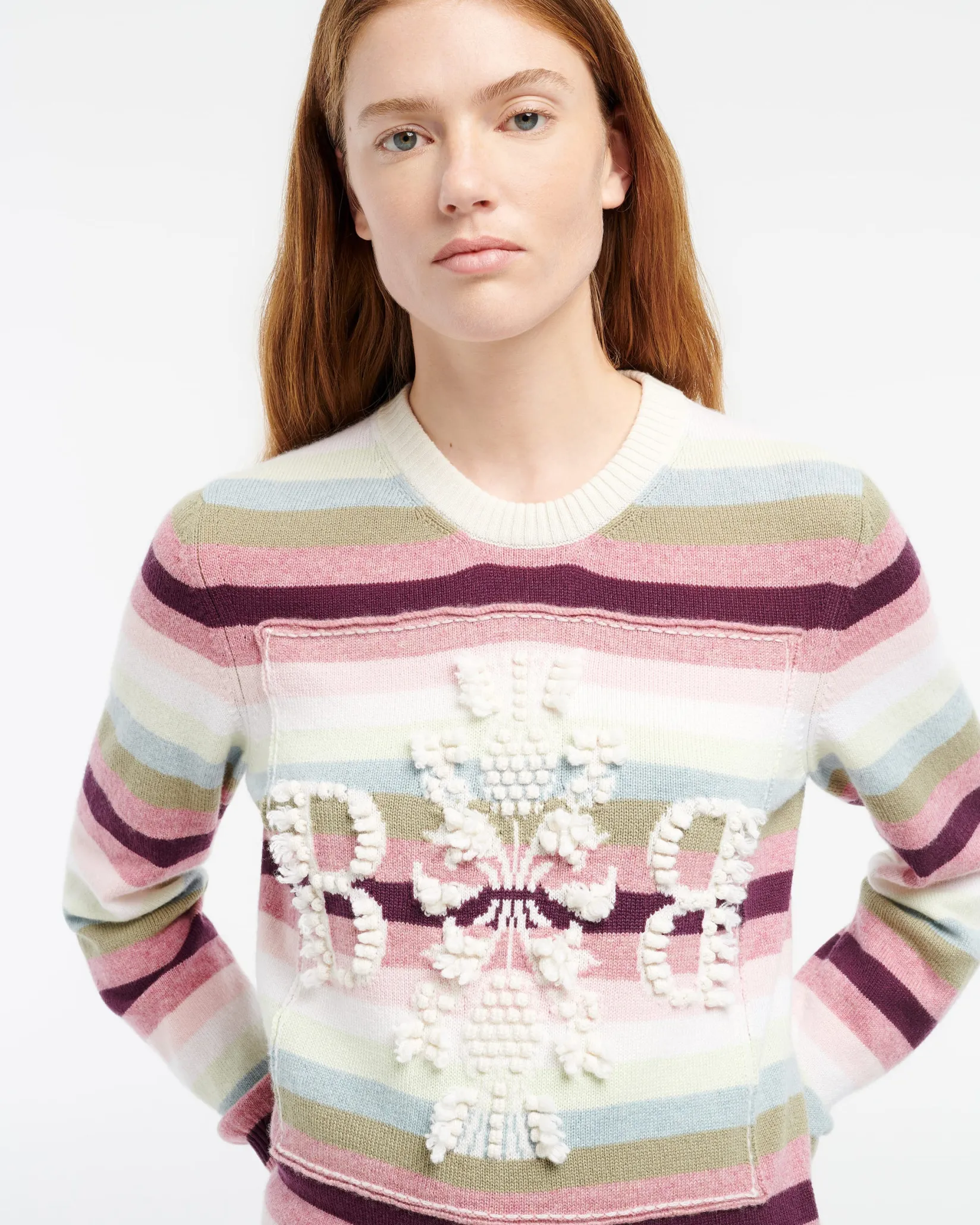 Women Barrie Striped cashmere 3D logo round-neck jumper