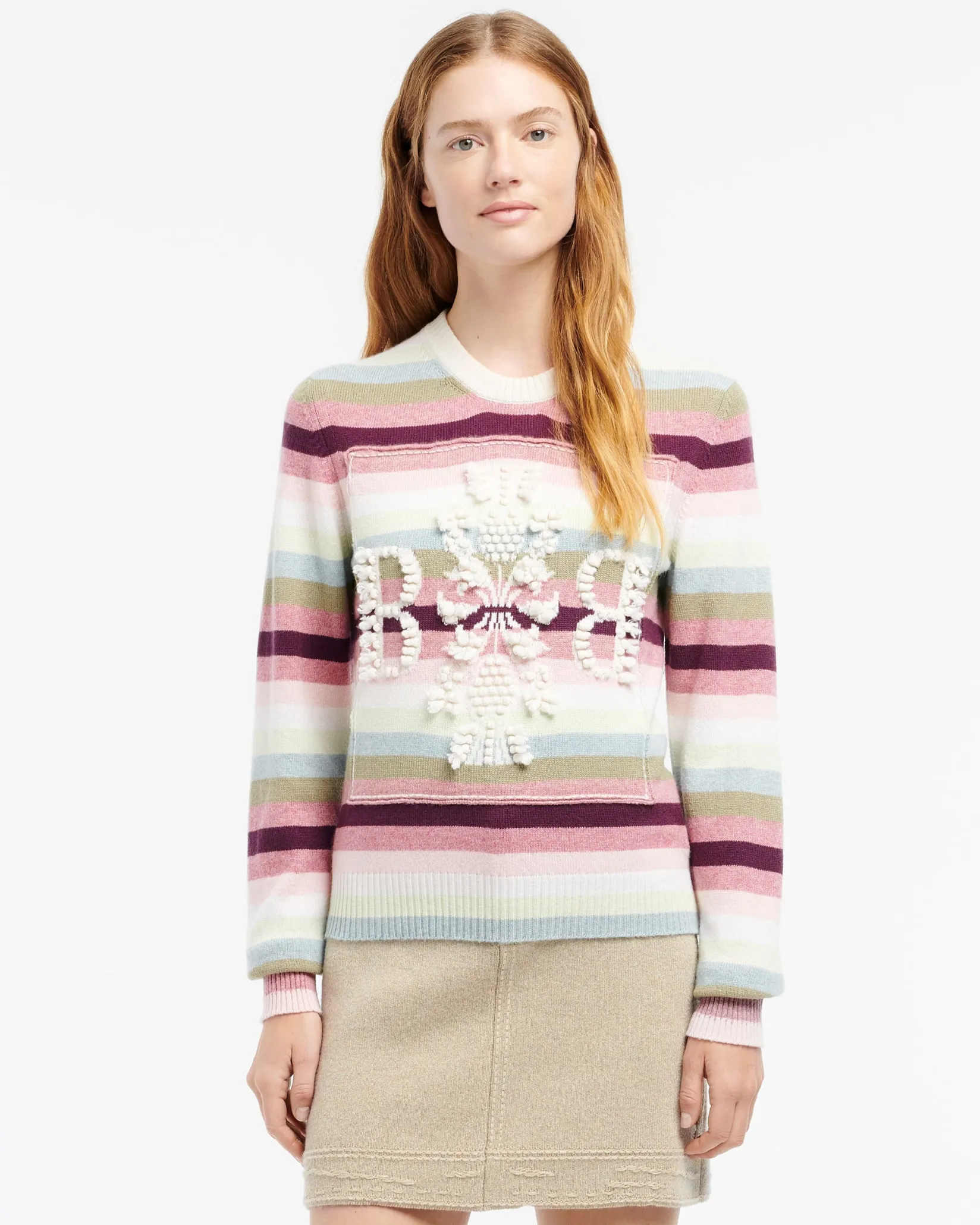 Women Barrie Striped cashmere 3D logo round-neck jumper