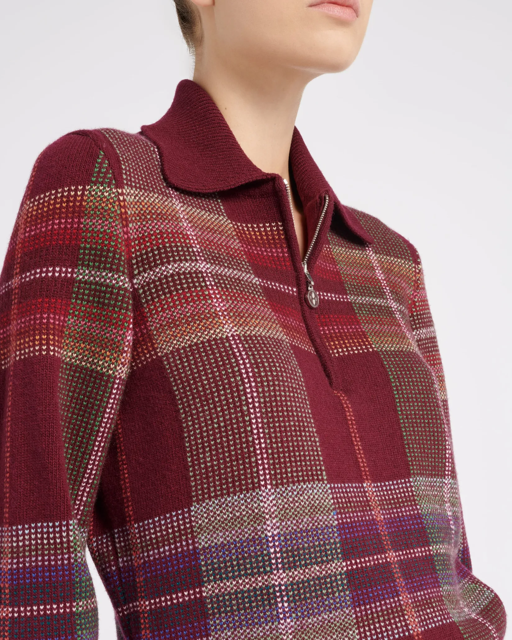 Women Barrie Zip-neck jumper in cashmere and wool with a tartan motif