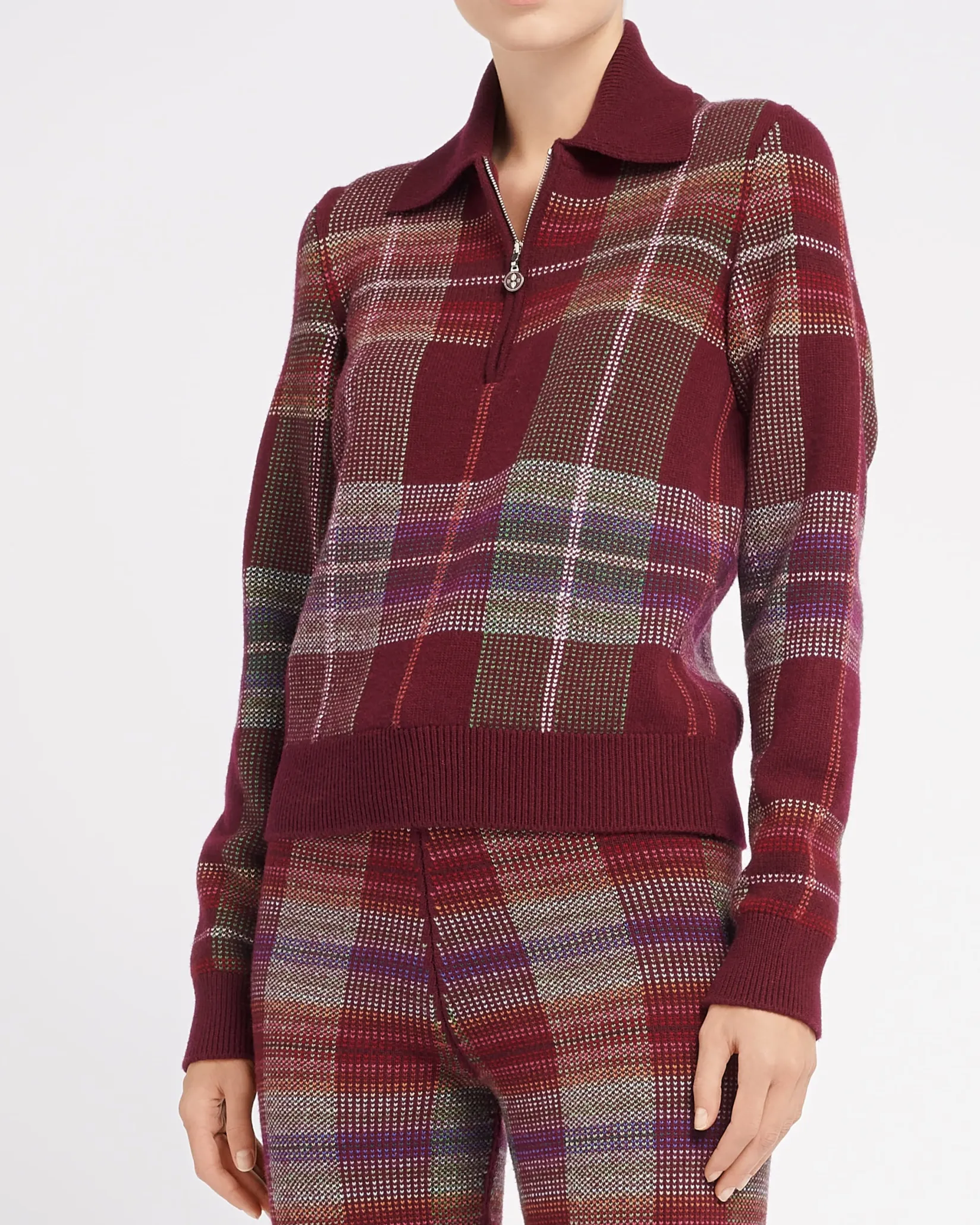 Women Barrie Zip-neck jumper in cashmere and wool with a tartan motif