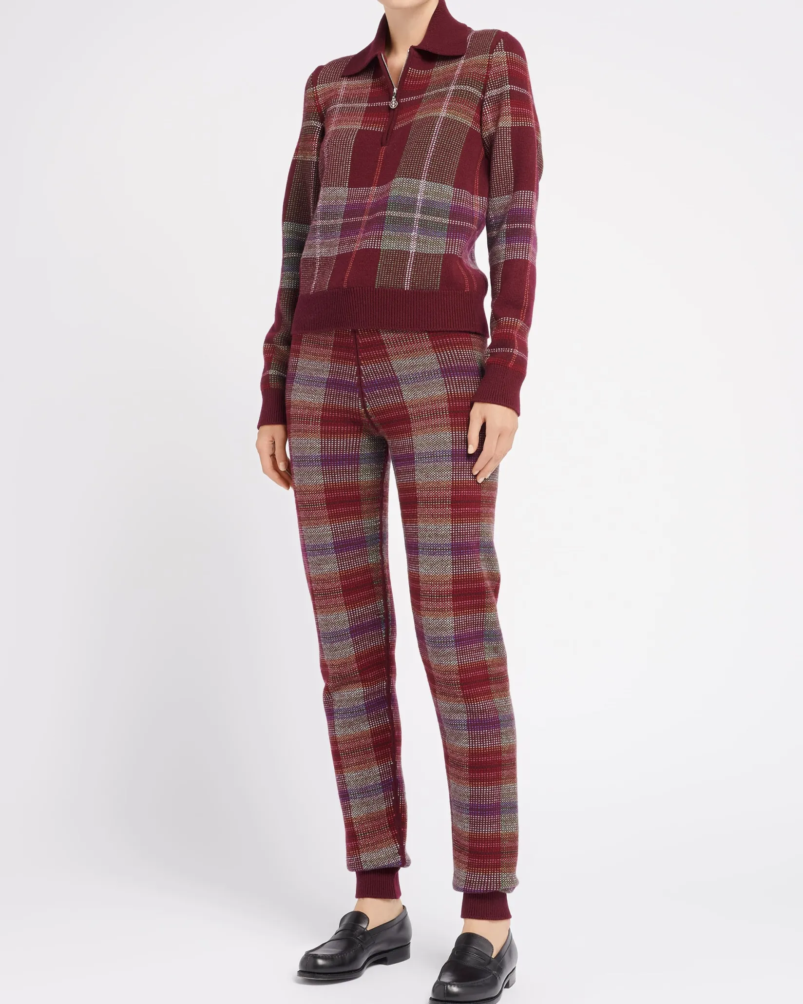 Women Barrie Zip-neck jumper in cashmere and wool with a tartan motif
